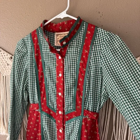 Vintage Gunne Sax Prairie dress Red Green Gingham Floral - Picture 5 of 13